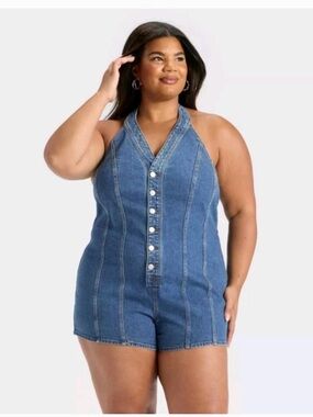 Denim Button-Front Halter Romper - Universal Thread